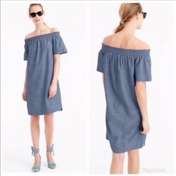 J. Crew Chambray Smocked Off-Shoulder Dress Blue Size 4 - Picture 12 of 13